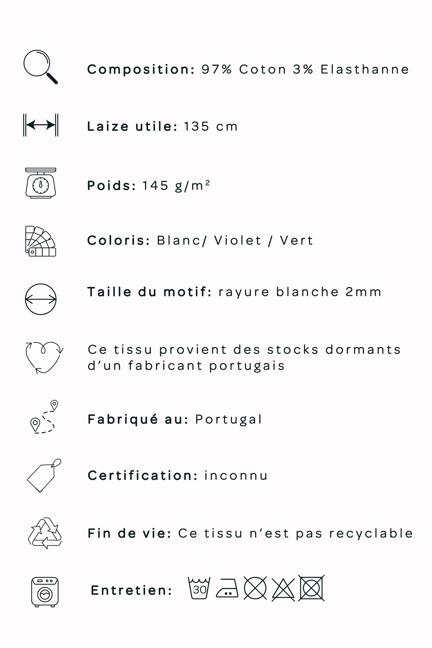Toile de coton rayée - Blanc et violet