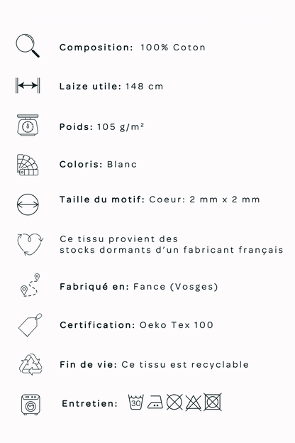 Batiste de coton minis coeurs - Blanc .