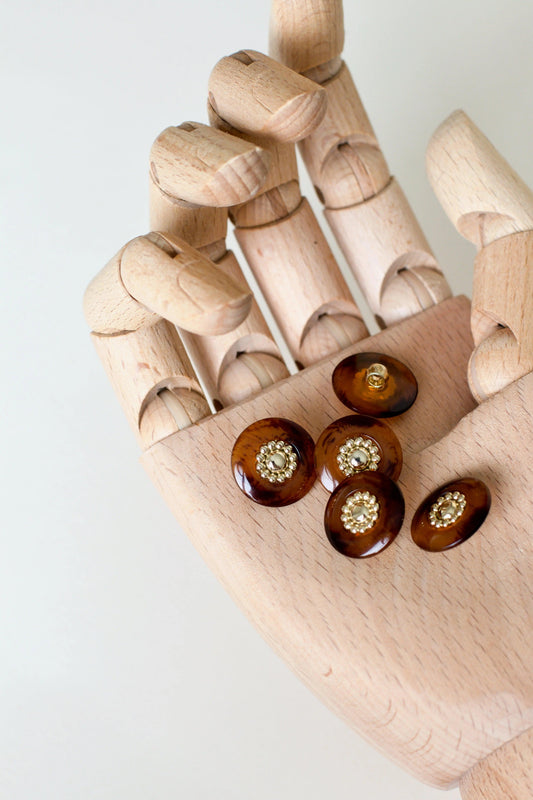 Boutons ronds vintages, marron translucide transparent marbré, effet corne, à queue, en plastique doré,  diamètre 18mm, fleur, muremure mercerie