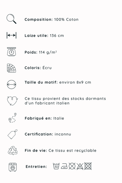 Broderie anglaise 100% coton écru, fabriqué en Italie.