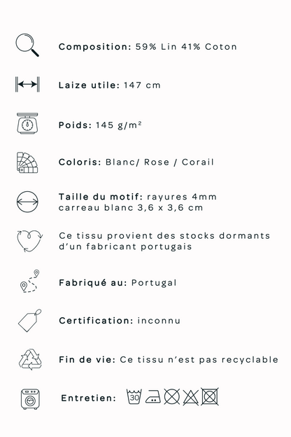 Toile de lin/coton à carreaux - Blanc et Corail
