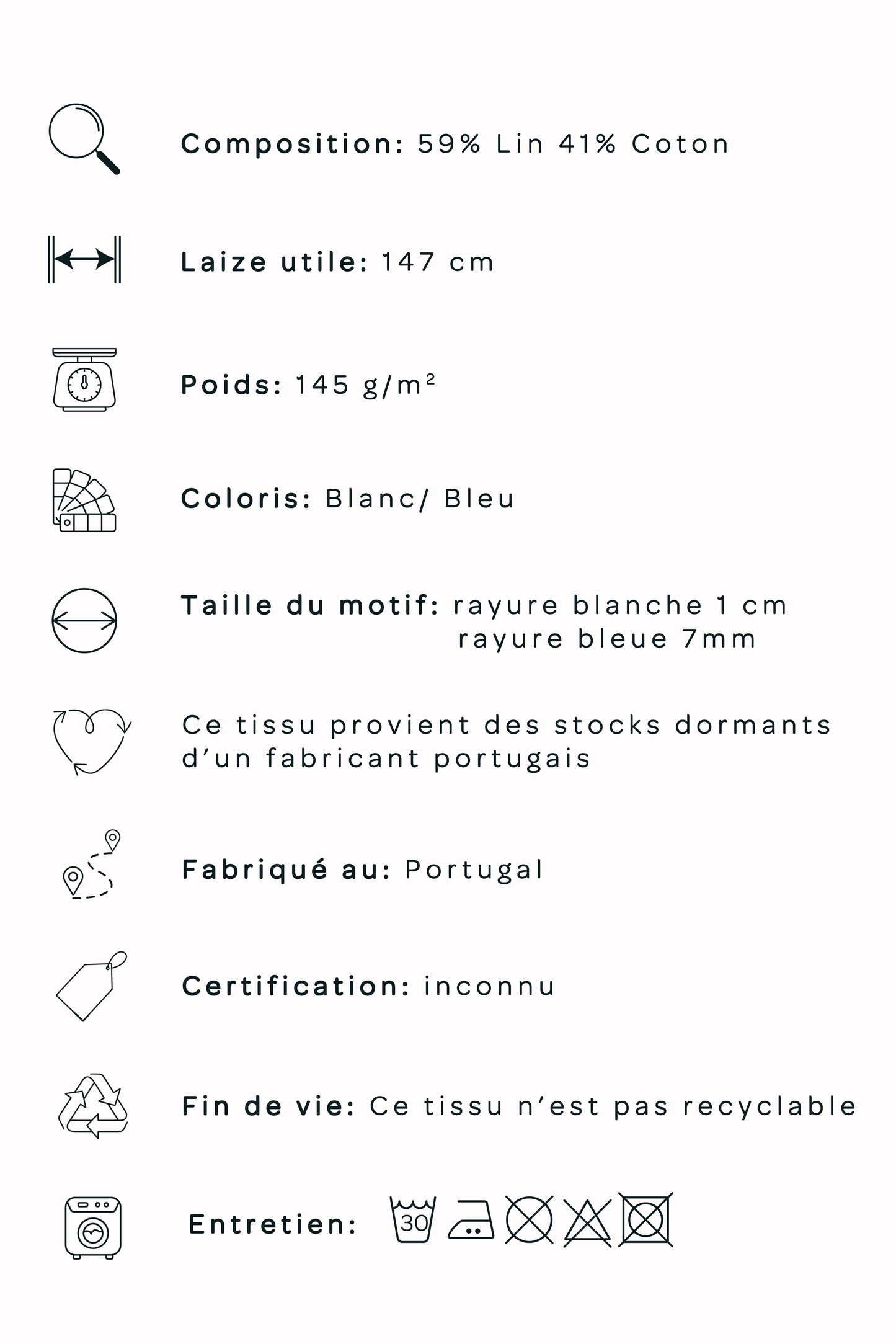 Toile de lin/coton rayée - Bleu et blanc