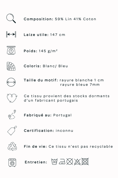Toile de lin/coton rayée - Bleu et blanc