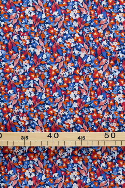 Popeline de viscose - petites fleurs bleu/pêche