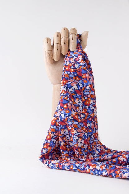 Popeline de viscose - petites fleurs bleu/pêche