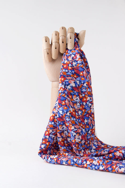 Popeline de viscose - petites fleurs bleu/pêche