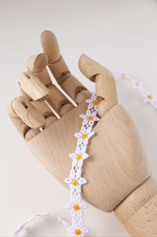 Galon guipure vintage pâquerettes 18mm - blanc et jaune
