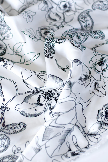 Satin de viscose imprimé fleurs noires
