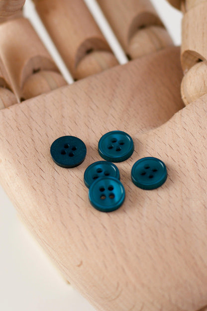 boutons vintages ronds  à coudre, classiques chemise 4 trous, plastique bleu vert canard , diamètre 11 mm