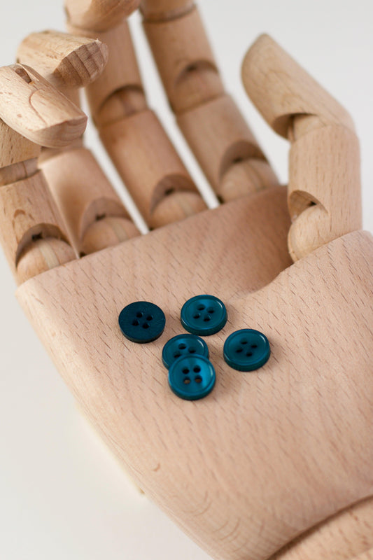 boutons vintages ronds  à coudre, classiques chemise 4 trous, plastique bleu vert canard , diamètre 11 mm