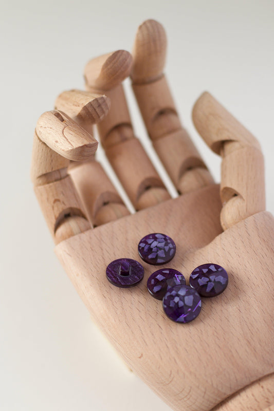 Boutons ronds vintages, à paillettes, effet terrazzo , à queue, violet, en plastique translucide transparent, diamètre 15mm, muremure mercerie