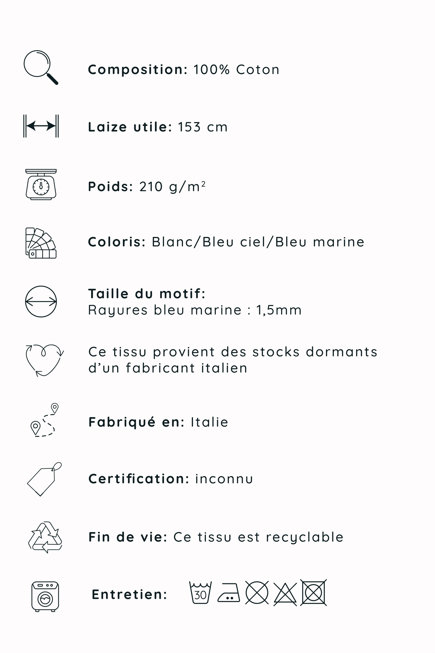 Popeline 100% coton blanc et bleu, tissé en italie, provenant des stocks dormants d'un fabricant italien.