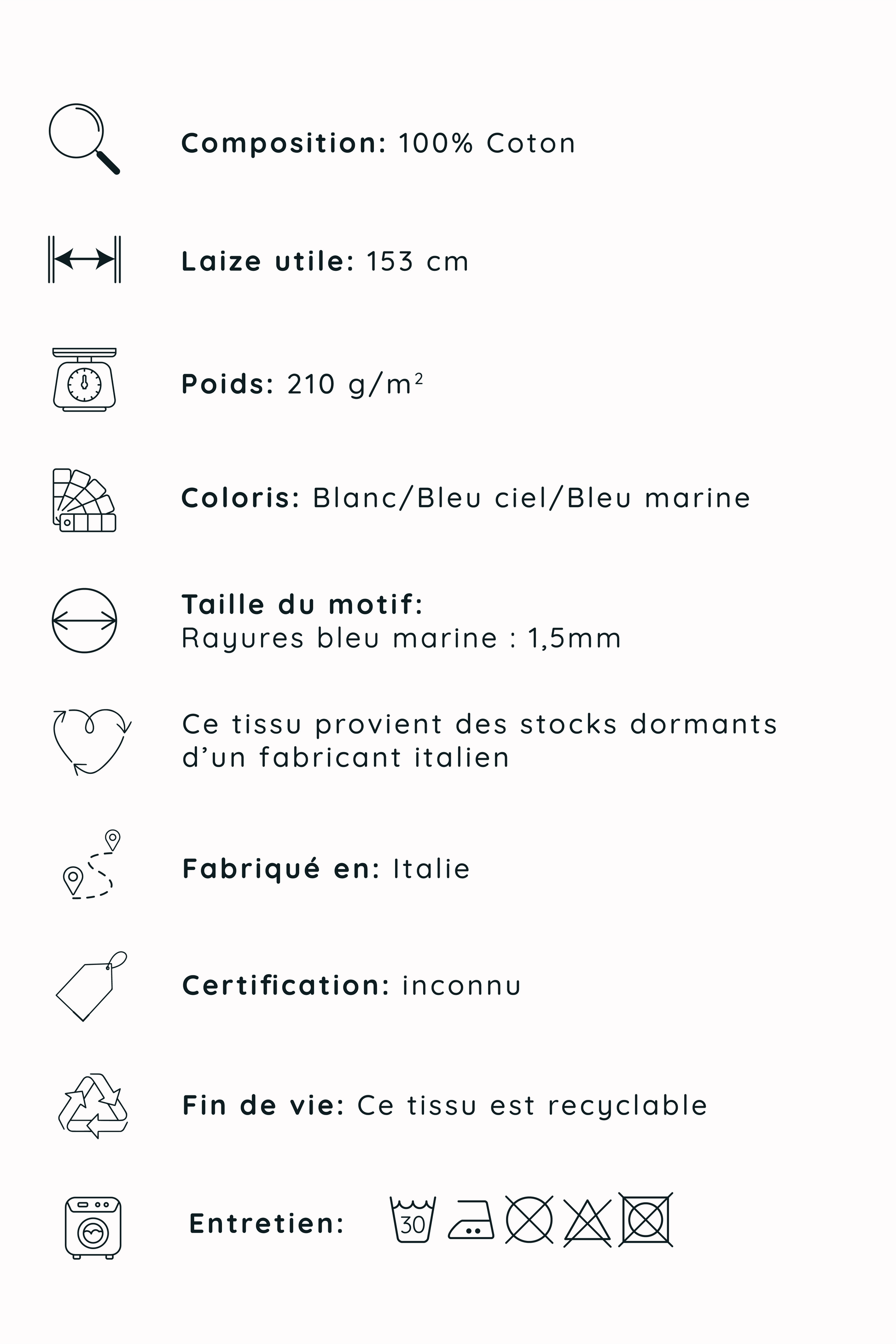 Popeline 100% coton blanc et bleu, tissé en italie, provenant des stocks dormants d'un fabricant italien.