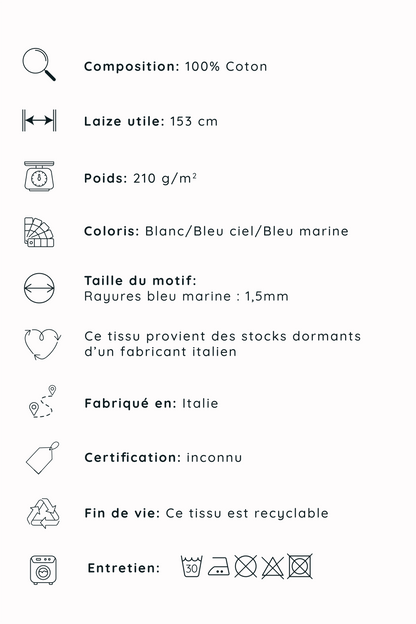 Popeline 100% coton blanc et bleu, tissé en italie, provenant des stocks dormants d'un fabricant italien.