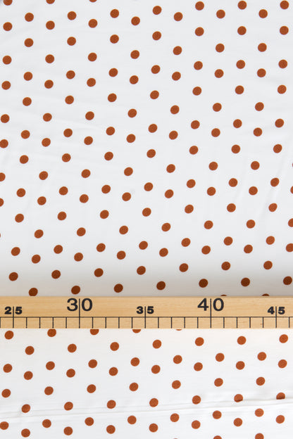 Muremure, tissu crêpe fluide et opaque pour couture, imprimé pois marron et écru