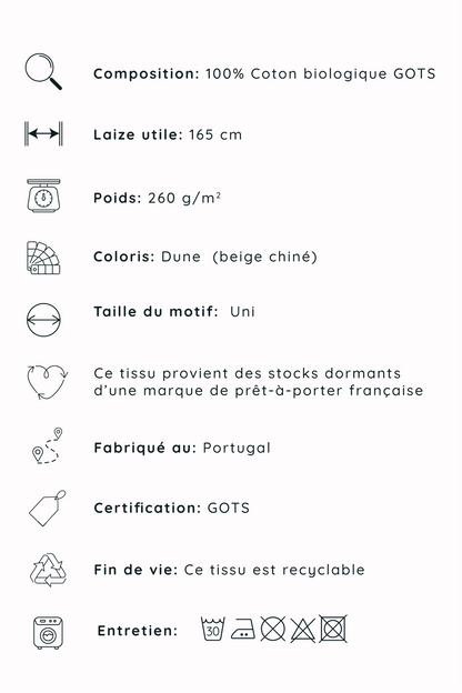 Molleton de coton bio Dune - coupon 80 cm x 165 cm