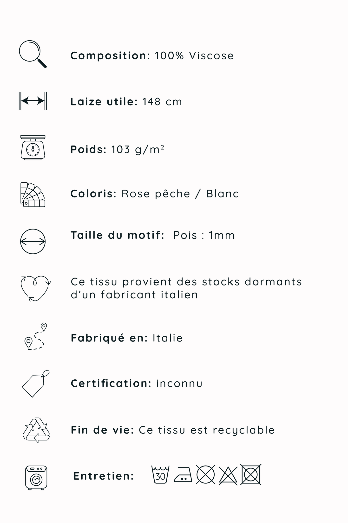 Popeline de viscose rose pêche à pois blancs