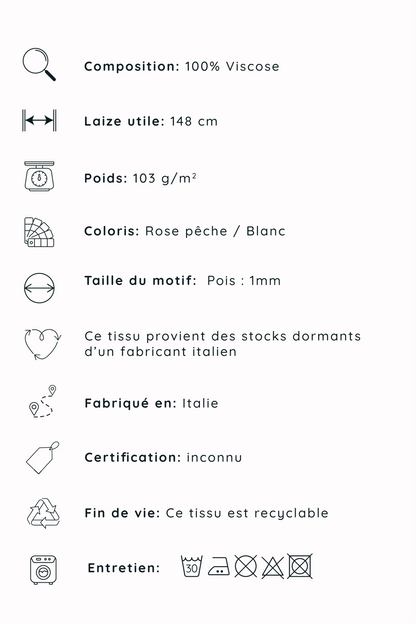 Popeline de viscose rose pêche à pois blancs