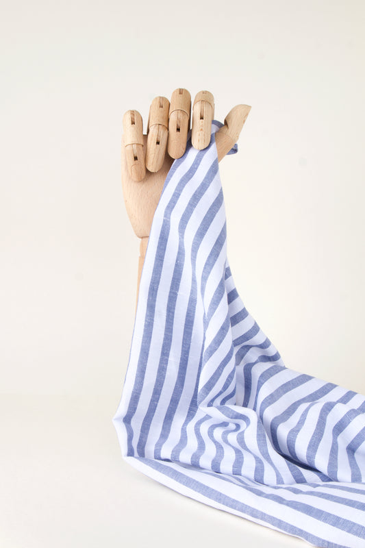 tissu au mètre en lin et coton, rayé bleu et blanc pour coudre une chemise, robe, top, ... muremure - mercerie en ligne